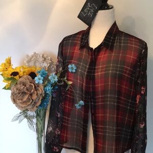 SOLD Sheer long sleeve button front cuff blouse.